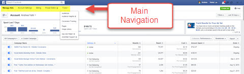 facebook reklāmu pārvaldnieka galvenā navigācija