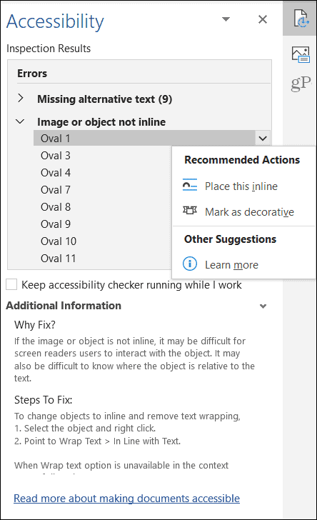 Microsoft Office pieejamības pārbaudītāja objekta rezultāti