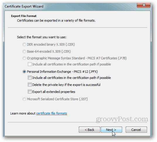 Windows sertifikātu eksportēšana - pieņemt noklusējumus