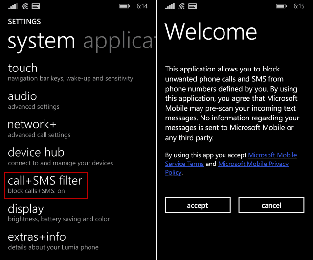 Nevēlamu tālruņa zvanu un SMS bloķēšana operētājsistēmas Windows Phone 8.1