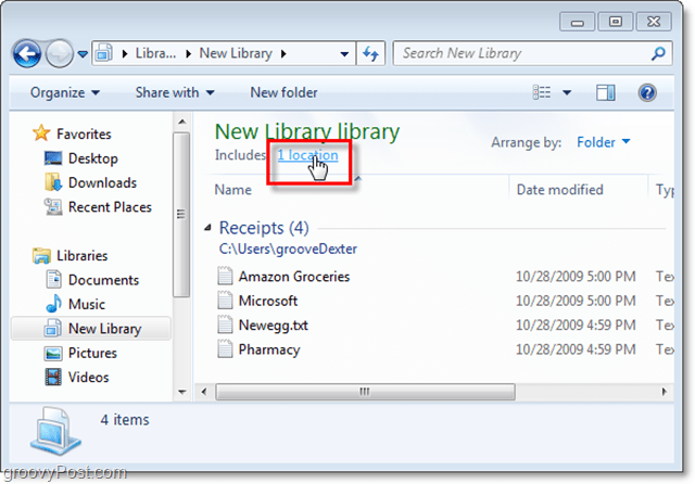 Nospiediet atrašanās vietas saiti, lai iestatītu jaunu atrašanās vietu pievienošanu Windows bibliotēkai