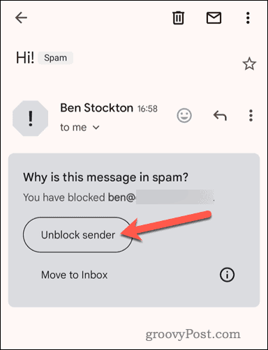 Atbloķējiet bloķētu sūtītāju Gmail mobilajā lietotnē