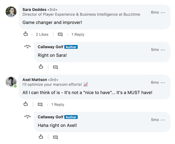 LinkedIn dalībnieku komentāri par Callaway Golf pastu
