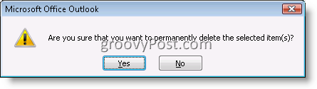 Outlook apstiprinājuma lodziņš, lai neatgriezeniski dzēstu e-pasta vienumu 