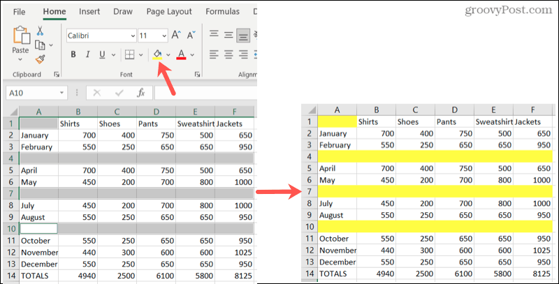 Programmā Excel iezīmējiet tukšās rindas