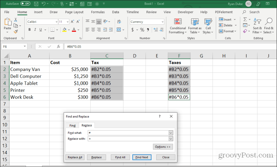 meklējiet un aizstājiet formulu programmā Excel