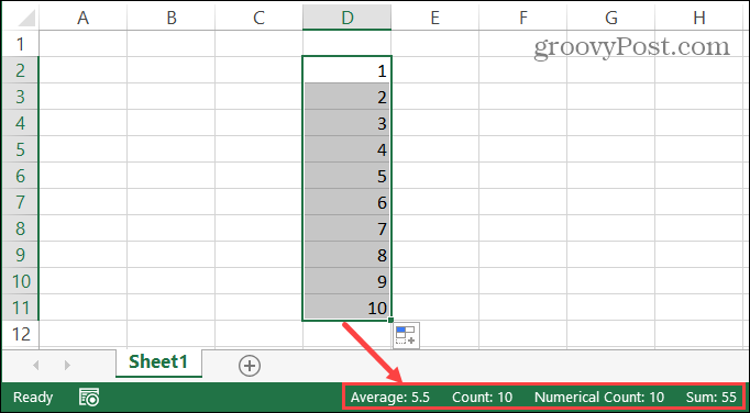 Excel statusa josla atlasītajām šūnām