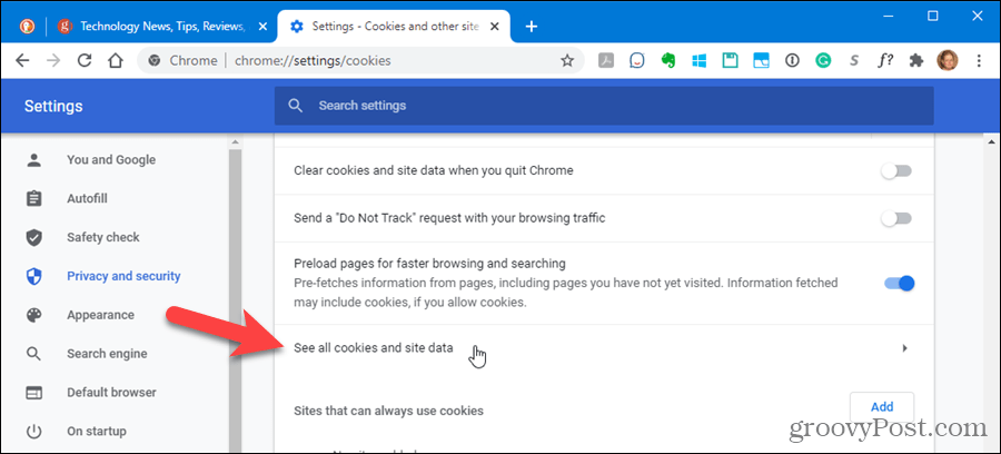Chrome iestatījumos noklikšķiniet uz Skatīt visus sīkfailus un vietņu datus