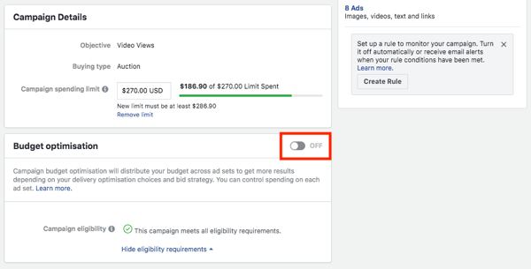 Facebook kampaņas budžeta optimizācijas iespēja.