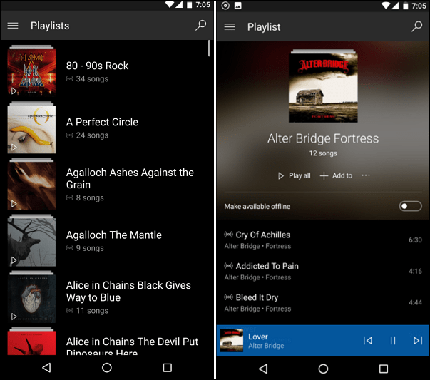 Groove Music operētājsistēmā Android