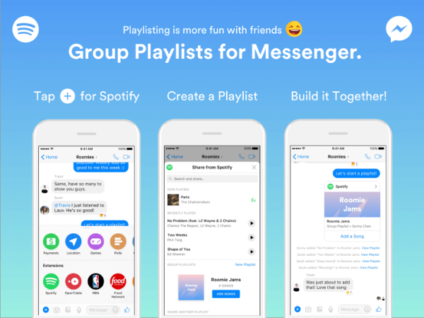 Spotify paplašināja Messenger robota funkcionalitāti, lai ļautu grupām veidot atskaņošanas sarakstus tieši no Messenger lietotnes.