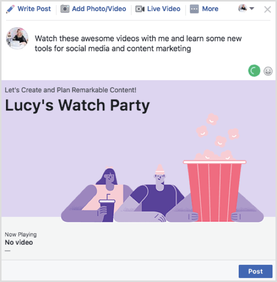 Noklikšķiniet uz Publicēt, lai publicētu savu Facebook Watch Party ierakstu.