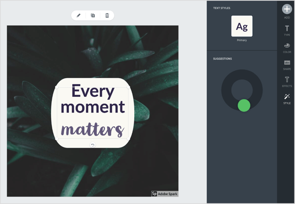 Izmantojiet Adobe Spark iebūvēto ieteikumu rīku, lai mainītu fontu un formu. 