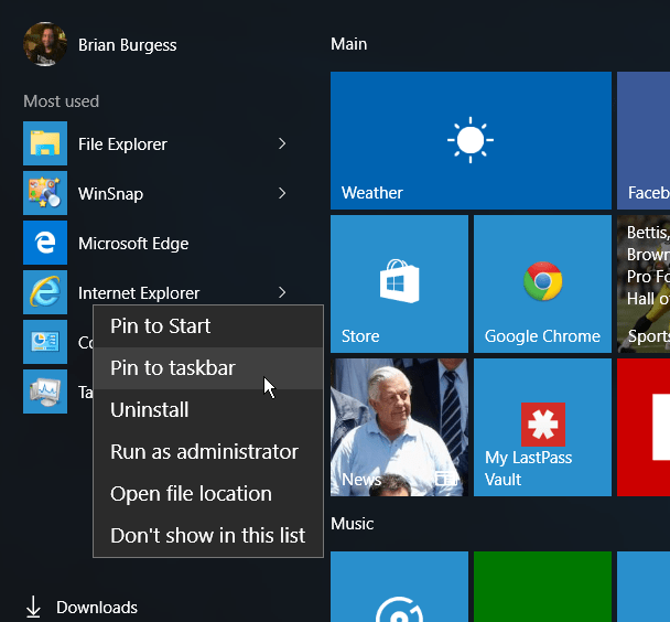IE izvēlne Sākt Windows 10
