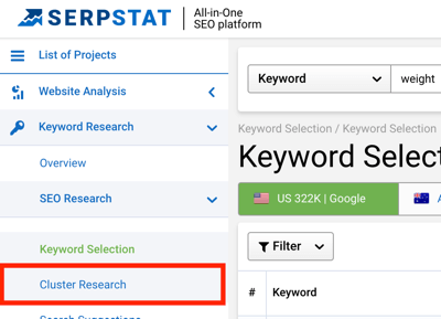 Kreisajā rūtī atlasiet Cluster Research, lai piekļūtu rīkam Serpstat.