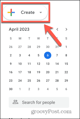 Google kalendāra izveides pogas ekrānuzņēmums
