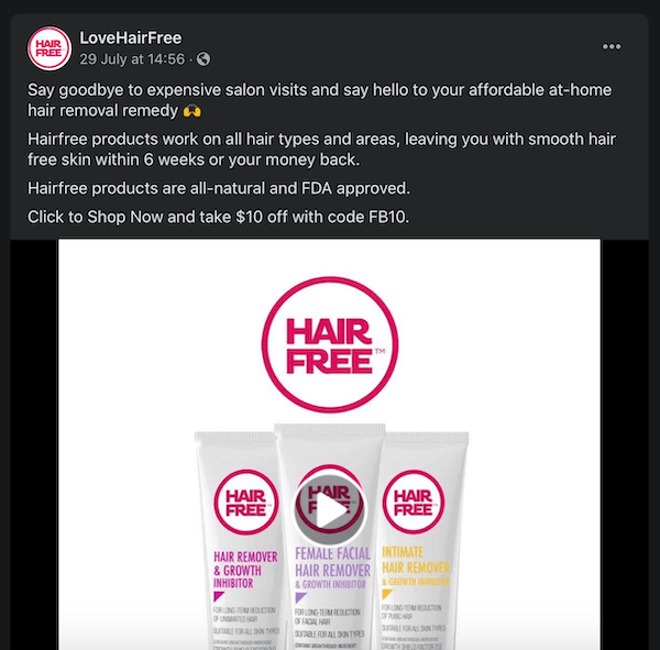 facebook ziņa ar lovehairfree, atzīmējot viņu matu noņemšanas produktus, salīdzinot tos ar dārgiem salonu apmeklējumiem
