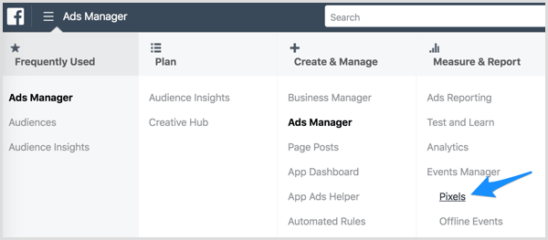 Piekļūstiet Facebook pikseļiem, izmantojot Ads Manager.
