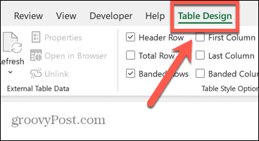 Excel tabulas dizaina izvēlne