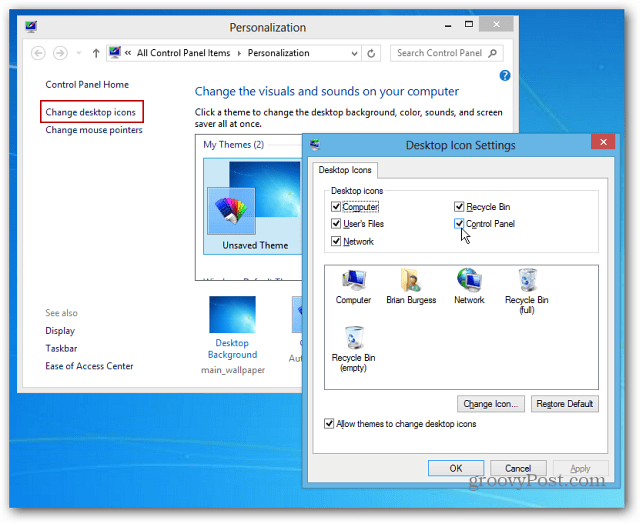 Vadības paneļa ikonas piespraušana operētājsistēmas Windows 8 uzdevumjoslai