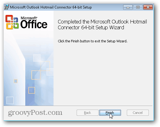 Outlook.com Outlook Hotmail savienotājs - noklikšķiniet uz Pabeigt