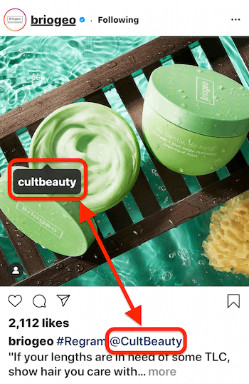 @briogeo instagram post, kurā redzama pasta atzīme un uzraksts @mention for @cultbeauty, kura produkts ir redzams attēlā
