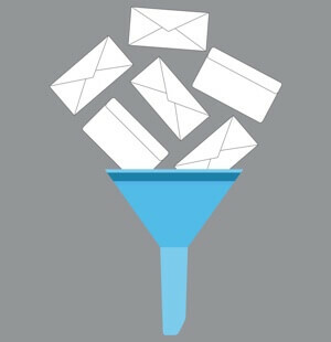 Automatizētas e-pasta piltuves ilustrācija.