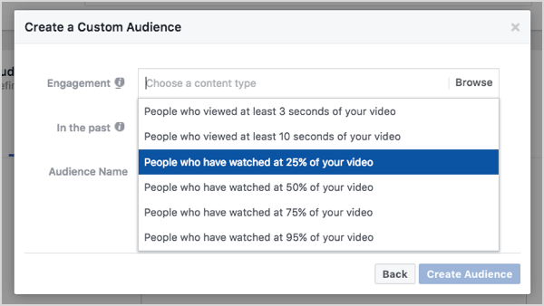 Facebook pielāgotā auditorija, pamatojoties uz 25% video skatījumu.