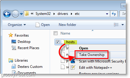 Windows 7 ekrānuzņēmums - izmantojiet peles labo pogu noklikšķiniet konteksta izvēlnē, lai pārņemtu īpašumtiesības uz jebkuru failu Windows 7