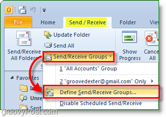 Outlook 2010 ekrānuzņēmums - sūtīt un saņemt grupas - definēt grupas