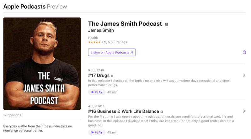 Sociālo mediju mārketinga stratēģija; Ekrānuzņēmums no Džeimsa Smita aplādes Apple Podcasts. Džeimss ir labi pazīstams fitnesa telpā.