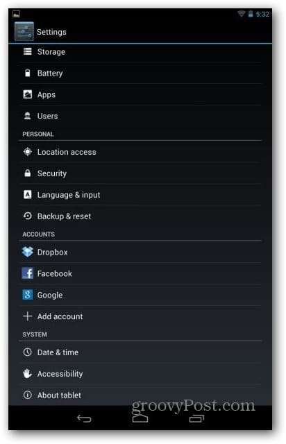 Nexus 7 lietotāja konti - iestatījumu lietotājs