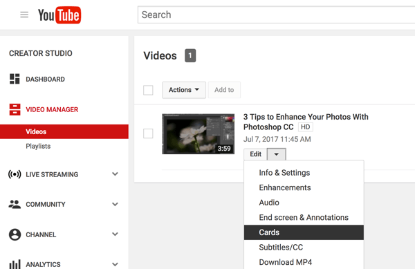 YouTube video pārvaldniekā noklikšķiniet uz lejupvērstās bultiņas blakus Rediģēt un atlasiet Kartes.