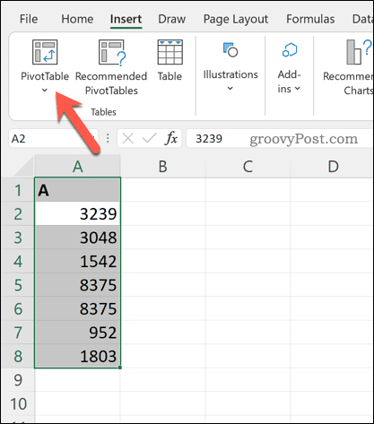 Rakurstabulas ievietošana programmā Excel
