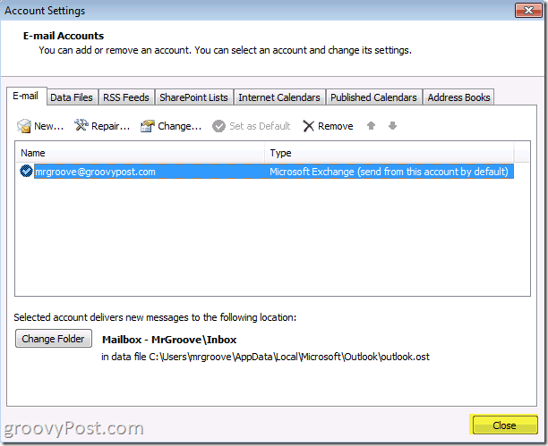 Outlook 2010 ekrānuzņēmuma aizvēršanas poga, lai saglabātu konta ietaupījumus