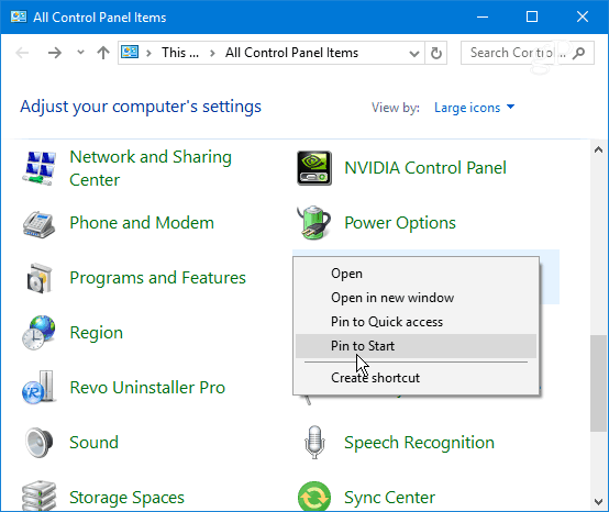 Piespraudes vadības paneļa vienums Windows 10 Start