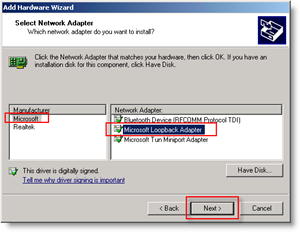 Windows pievienošanas vednis: pievienojiet atgriezeniskās saites tīkla adapteri