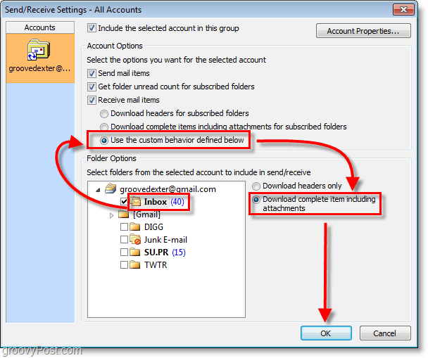 Outlook 2010 ekrānuzņēmums — iesūtnē tiek izmantota pielāgota darbība, lejupielādes vienums ir pabeigts