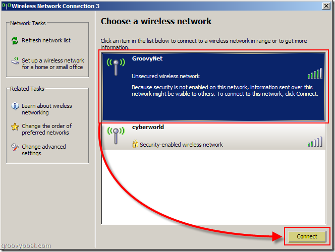 Windows XP izvēlne, lai izvēlētos bezvadu tīkla ekrānuzņēmumu:: groovyPost.com