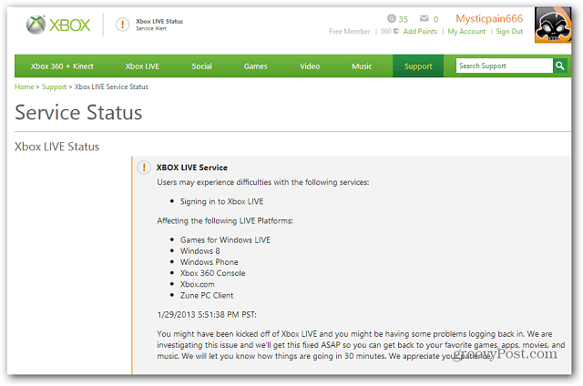 Xbox Live pakalpojuma statuss