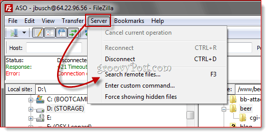 Attālās failu meklēšana FTP FileZilla