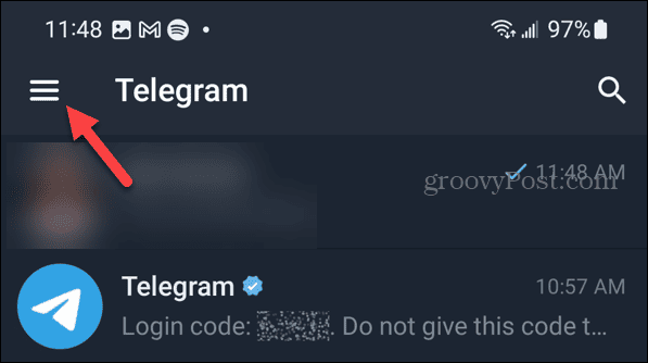 Telegram izvēlnes poga operētājsistēmā Android