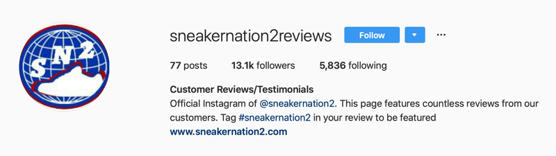 sekundārais Instagram konts SneakerNation2 atsauksmēm