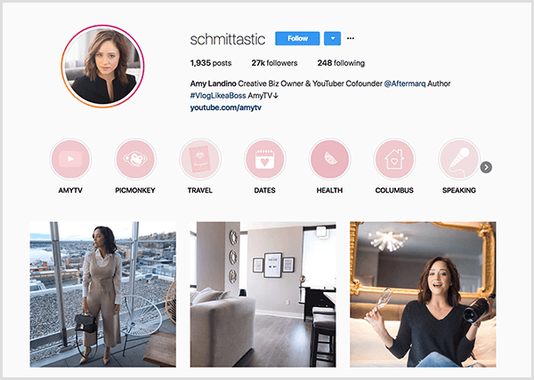 Amy Landino Instagram profilā tiek izmantots rokturis schmittastic. Viņas Instagram profilā ir redzamas AmyTV, Picmonkey, Travel, Datumi, Veselība, Kolumbs un Runāšana kategorijas. Fotogrāfijās redzami Eimijas attēli.