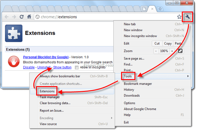 Pārlūkā Google Chrome pārvaldīt paplašinājumus tiek parādīta sarkana poga