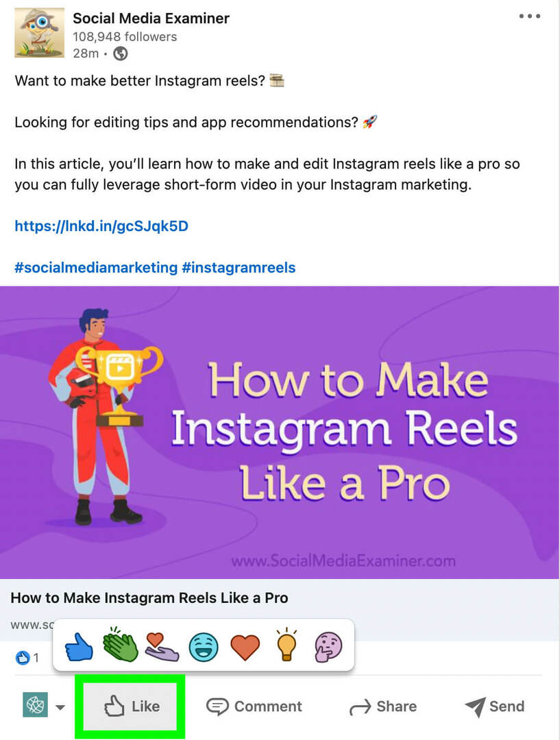 linkedin-company-page-enagement-features-kā-reaģēt-uz-saturu-kā-lapai-like-button-social-media-examiner-2. darbība