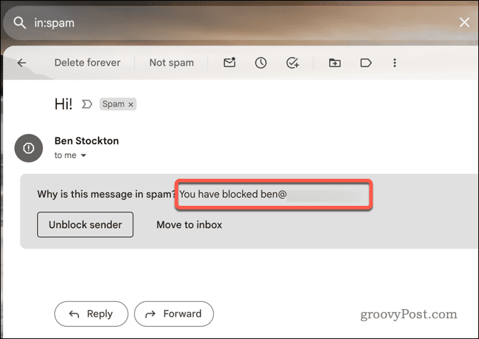 Bloķēta e-pasta piemērs pakalpojumā Gmail