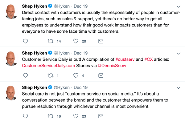 Šis ir trīs tweet, kurus Shep Hyken izveidoja par klientu apkalpošanu, ekrānuzņēmums.