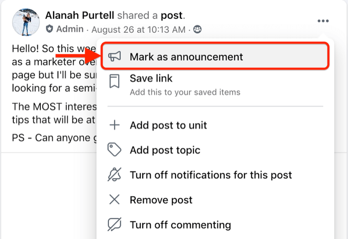 facebook grupas ziņas izvēlnes opcija, lai noteiktu ziņu atzīmētu kā paziņojumu