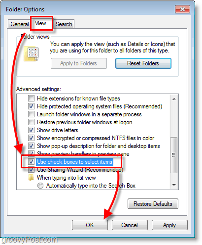 Windows 7 ekrānuzņēmums - mapes opciju skats un izvēles rūtiņas, lai atlasītu vienumus